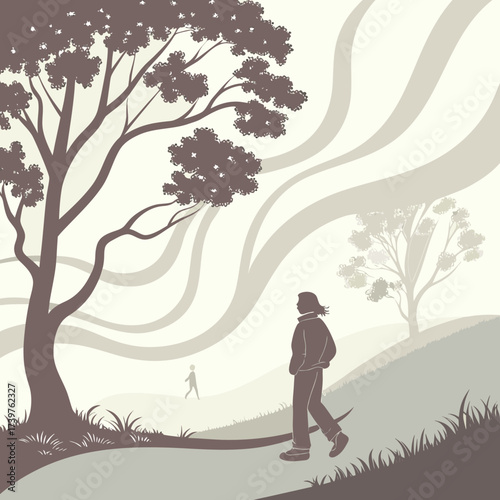 A solitary figure walks along a winding path through a serene park landscape with stylized trees and flowing abstract shapes in a muted sepia color palette