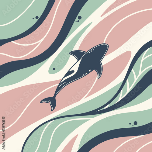 Stylized dark blue dolphin gracefully swims through abstract flowing waves of pastel pink mint green and cream creating a serene and artistic underwater scene