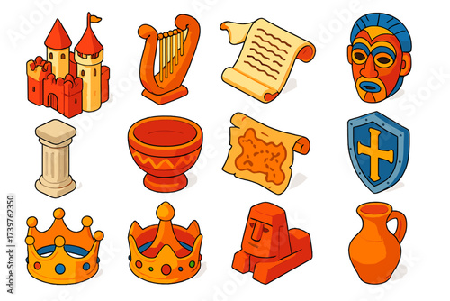 Medieval Heritage Icons. Isometric vector illustration set featuring medieval castle, traditional harp, ancient manuscript, tribal