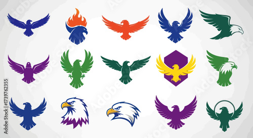 Collection of diverse stylized eagle and hawk logos featuring various poses, colors, and design elements for branding and symbolic representation, Flat Vector Elements, Vector Illustration, Simple