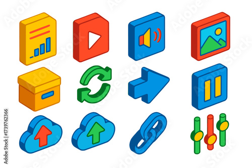 Isometric Media Icons. Isometric vector illustration set featuring formal report file, video playback file, sound track icon,