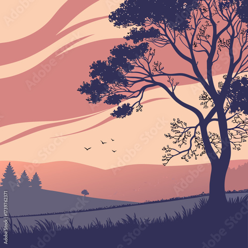 A serene silhouette of a large tree with intricate branches against a pastel pink and orange sky with flowing clouds and distant rolling hills at dusk