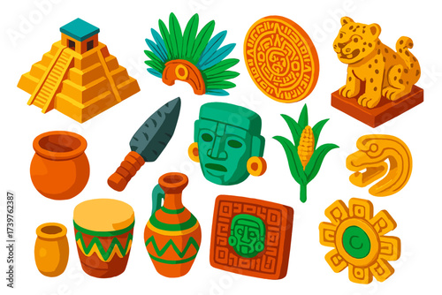 Aztec Symbols Collection. Isometric vector illustration set featuring Aztec pyramid, feathered headdress, sun stone, jaguar statue