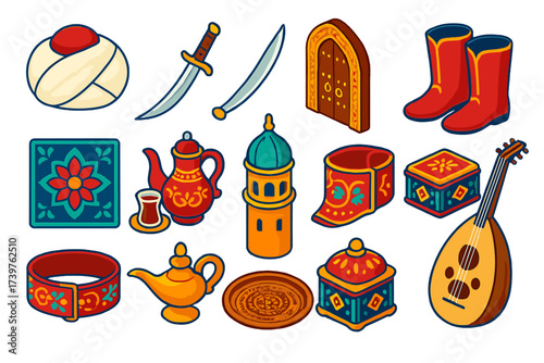 Ottoman Cultural Icons. Isometric vector illustration set featuring Ottoman turban, curved sword, ornate door, mosaic tile, tea