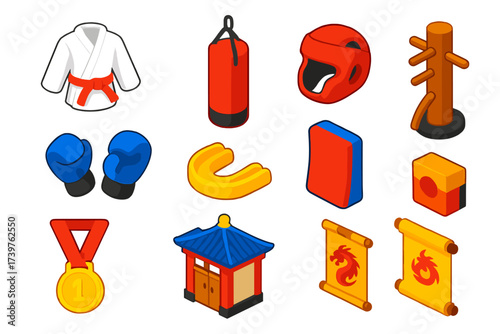 Karate Gear Icons. Isometric vector illustration set featuring karate uniform, red belt, heavy bag, sparring gloves, mouthguard,