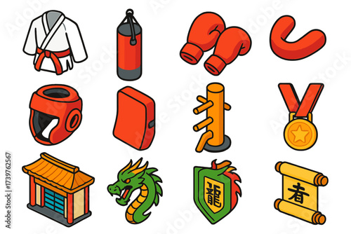 Karate Gear Icons. Isometric vector illustration set featuring karate uniform, red belt, heavy bag, sparring gloves, mouthguard,