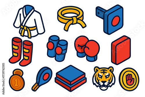 Martial Arts Essentials. Isometric vector illustration set featuring karate jacket, yellow belt, wall-mounted pad, boxing gloves,