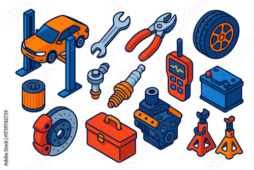 Colorful Auto Tools Icons. Isometric vector illustration set featuring car lift, wrench, pliers, tire, oil filter, spark plug,