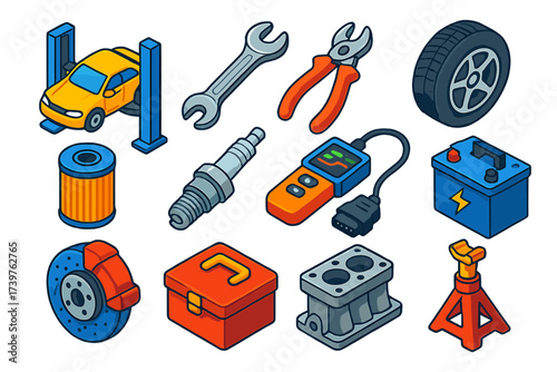 Colorful Auto Tools Icons. Isometric vector illustration set featuring car lift, wrench, pliers, tire, oil filter, spark plug,