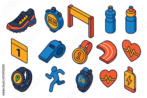 Running Gear Icons. Isometric vector illustration set featuring trail performance shoe, stopwatch device, finish banner gate,