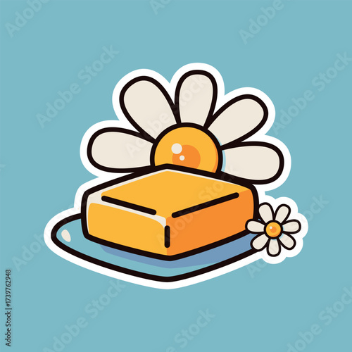 Cute Butter Block with Chamomile Flower Illustration on Blue Background for Dairy and Food Design