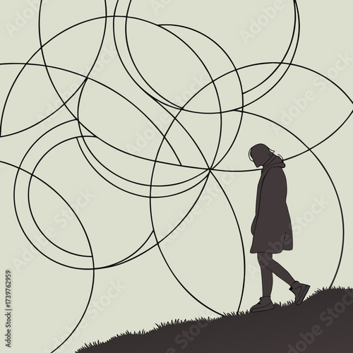 A solitary silhouette of a young woman walks thoughtfully uphill against a backdrop of abstract geometric intersecting circular lines and a stylized grassy foreground