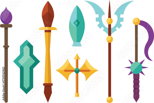 Fantasy weapon icons collection vector scalable illustration for games magic swords and bows