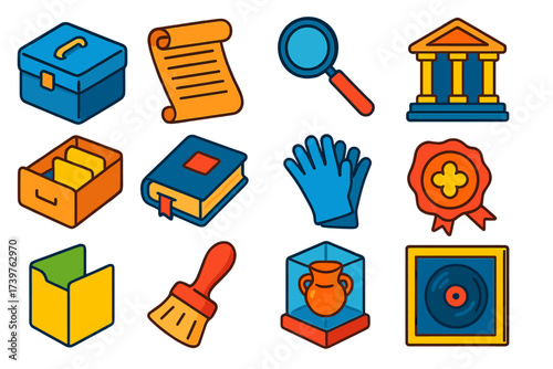 Historical Preservation Tools. Isometric vector illustration set featuring protective archive case, parchment roll, hand magnifier