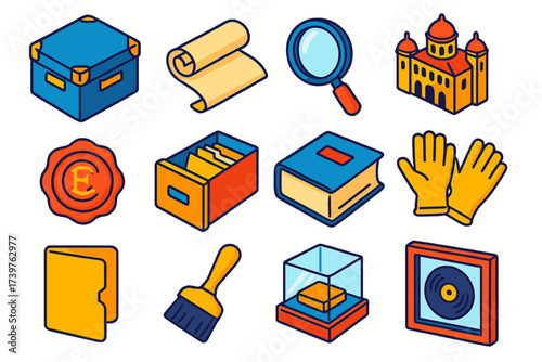 Historical Preservation Tools. Isometric vector illustration set featuring protective archive case, parchment roll, hand magnifier