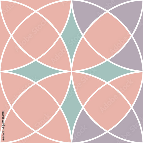 A seamless geometric pattern featuring interlocking curved lines and diamond shapes in soft pastel shades of pink teal and lavender creating a modern and elegant design