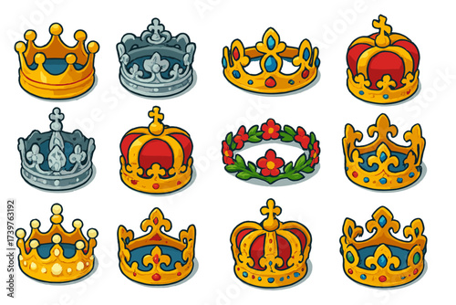 Regal Crown Collection. Isometric vector illustration set featuring vintage gold crown, ornate silver crown, gem-studded tiara,
