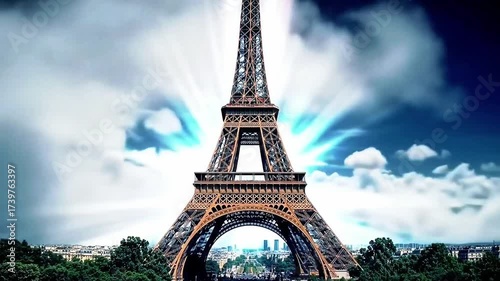 Aerial Wide Clouds Eiffel Tower Upside Down Piercing Mist Surreal Light Beams VFX