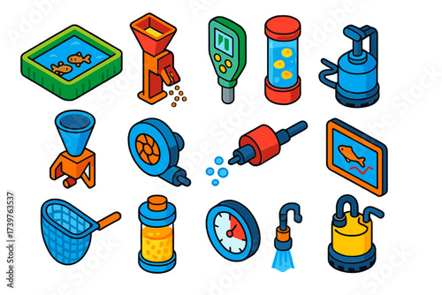 Aquaculture Equipment Icons. Isometric vector illustration set featuring small-scale hatchery pond, pellet feeder chute, pH check