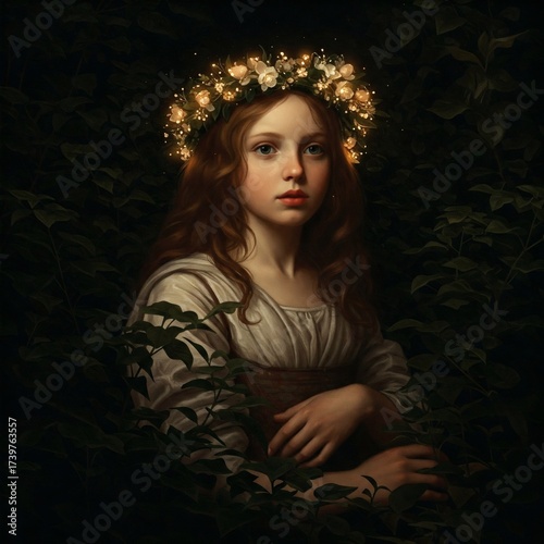 Portrait of a girl with glowing wreath. Dark Baroque painting of a young woman surrounded by foliage.
