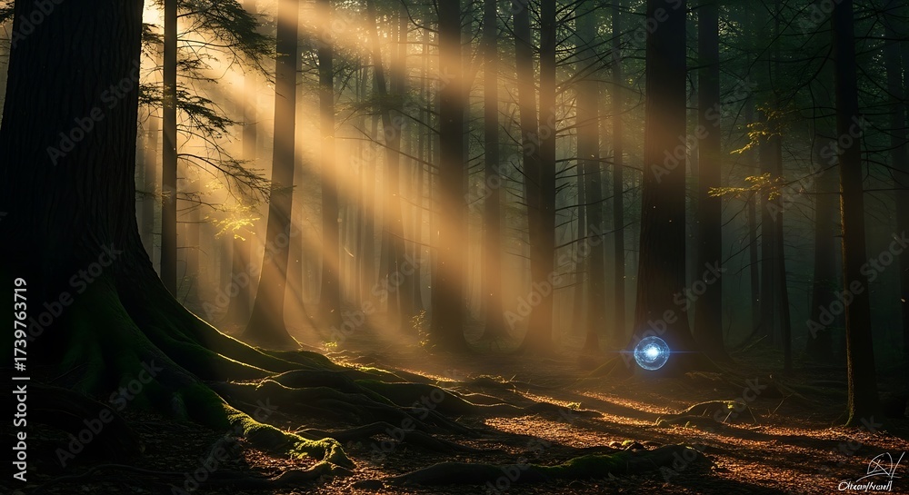 Fototapeta premium Sunlight filters through the forest illuminating a mystical light source