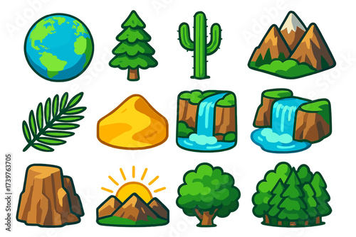 Nature Icons Set. Isometric vector illustration set featuring Earth planet, evergreen tree, desert cactus plant, rocky mountains,