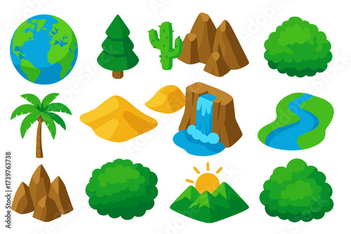 Isometric Nature Icons. Isometric vector illustration set featuring 3D globe Earth, fir cone tree, spiky cactus, mountain cliffs,