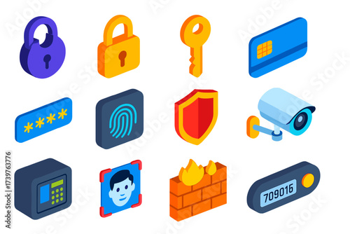 Security Icons Collection. Isometric vector illustration set featuring disc padlock, keyed padlock, house key, chip security card,