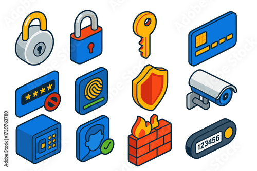 Security Icons Collection. Isometric vector illustration set featuring disc padlock, keyed padlock, house key, chip security card,
