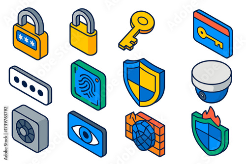Security Icons Collection. Isometric vector illustration set featuring coded padlock, compact padlock, steel key, plastic keycard,