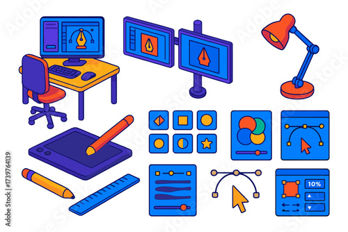 Colorful Design Workspace. Isometric vector illustration set Graphic design tools: design desk setup, dual monitor mount, task