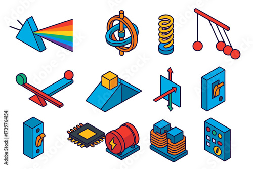 Physics Engineering Icons. Isometric vector illustration set Physics and engineering icons with scientific symbols: prism with