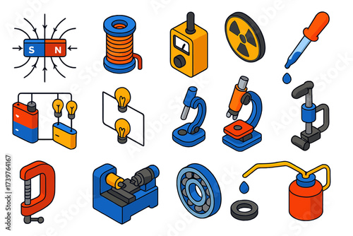 Physics Engineering Icons. Isometric vector illustration set Physics and engineering icons with scientific symbols: magnetic field