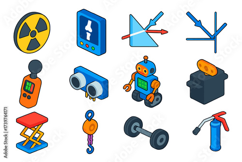 Physics Engineering Icons. Isometric vector illustration set Physics and engineering icons with scientific symbols: gamma ray