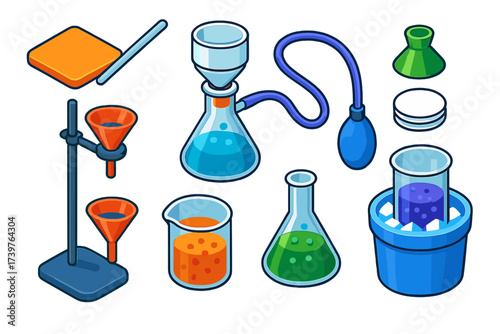 Colorful Chemistry Equipment. Isometric vector illustration set Chemistry with lab equipment and tools: heatproof mat, glass