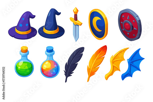 Fantasy Icons Set. Isometric vector illustration set Magic hat, sword, shield, potion, feather, dragon wing: floppy brim wizard