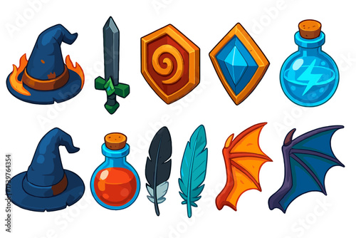Fantasy Icon Set. Isometric vector illustration set Magic hat, sword, shield, potion, feather, dragon wing: sorcerer hat with