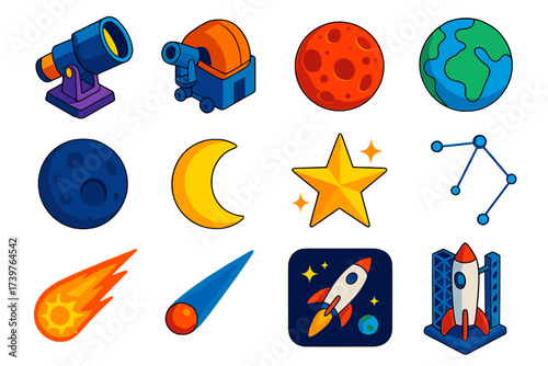Astronomy Icons Collection. Isometric vector illustration set Astronomy icons: ultraviolet telescope, mobile observatory telescope