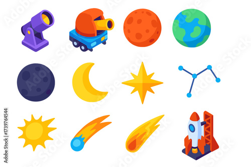 Astronomy Icons Collection. Isometric vector illustration set Astronomy icons: ultraviolet telescope, mobile observatory telescope