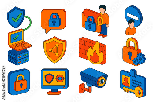 Data Protection Icons. Isometric vector illustration set Privacy and data protection icons: trusted connection icon, locked chat