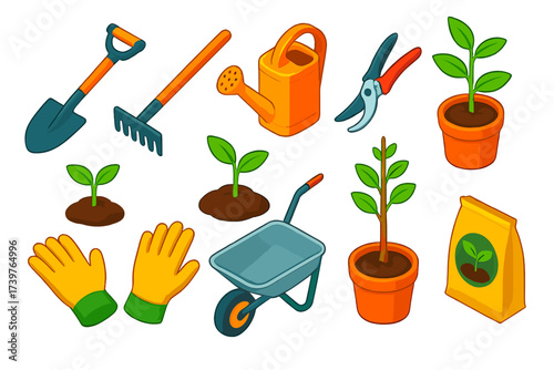 Colorful Gardening Tools. Isometric vector illustration set Gardening icons: essential tools and sprouting plants: garden shovel,