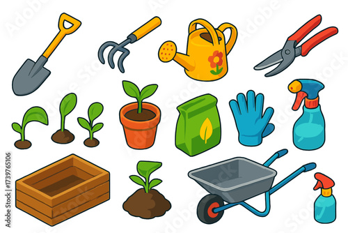 Colorful Gardening Icons. Isometric vector illustration set Gardening icons: essential tools and sprouting plants: stainless
