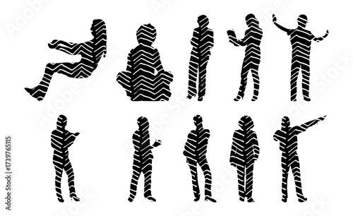 Vector illustration, Outline silhouettes of people, Contour drawing, people silhouette, Icon Set Isolated , Silhouette of sitting people, Architectural set