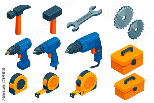 Colorful Tool Icons. Isometric vector illustration set hammer, wrench, drill, saw blade, tape measure, tool box icons: straight