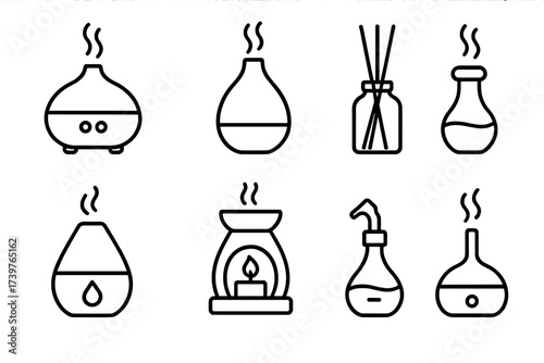 Oil Diffuser Icons. Line style icons of oil diffusers: ultrasonic diffuser, ceramic diffuser, reed diffuser, electric diffuser,