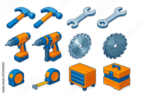 Colorful Tool Icons. Isometric vector illustration set hammer, wrench, drill, saw blade, tape measure, tool box icons: