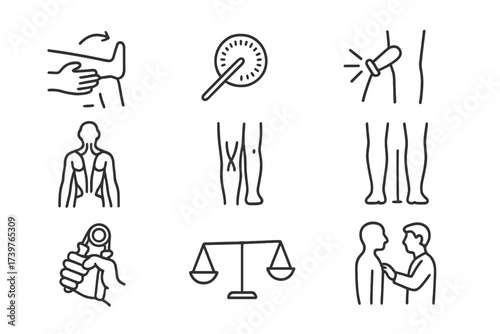 Orthopedic Assessment Icons. Line style icons of orthopedic assessment: joint range check, goniometer, reflex test, muscle chart,