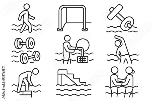 Aquatic Therapy Icons. Line style icons of aquatic physiotherapy: underwater walking, pool rail, water weight, floating dumbbells,
