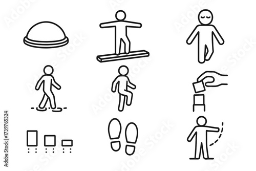 Balance Training Icons. Line style icons of balance and coordination training: BOSU ball, balance beam, tandem walk, eyes closed