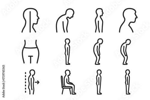 Postural Education Icons. Line style icons of postural education: head alignment, rounded shoulders, forward neck, pelvis tilt,